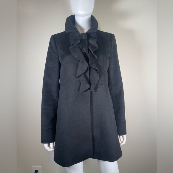 J. Crew Black 100% Wool Ruffle Button Front Winter Coat Sz 8 Jacket Peacoat boho - Picture 8 of 16